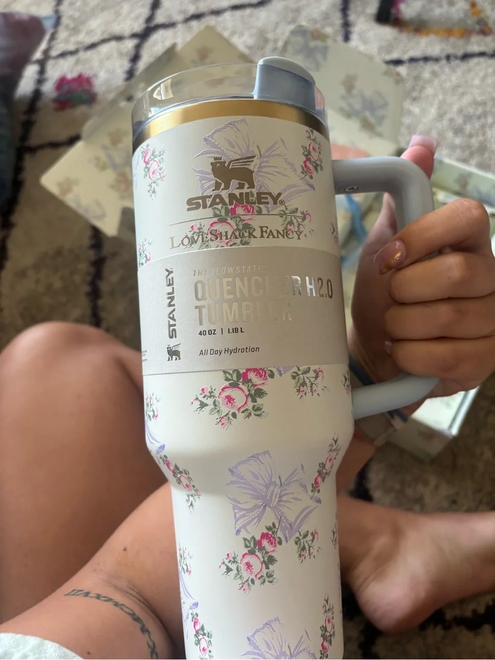 Stanley Quencher Tumbler - Floral Cream with Light Blue Handle